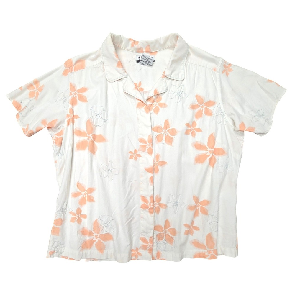 Columbia PFG Button Up Shirt Womens XL White Peach Floral Short Sleeve Top